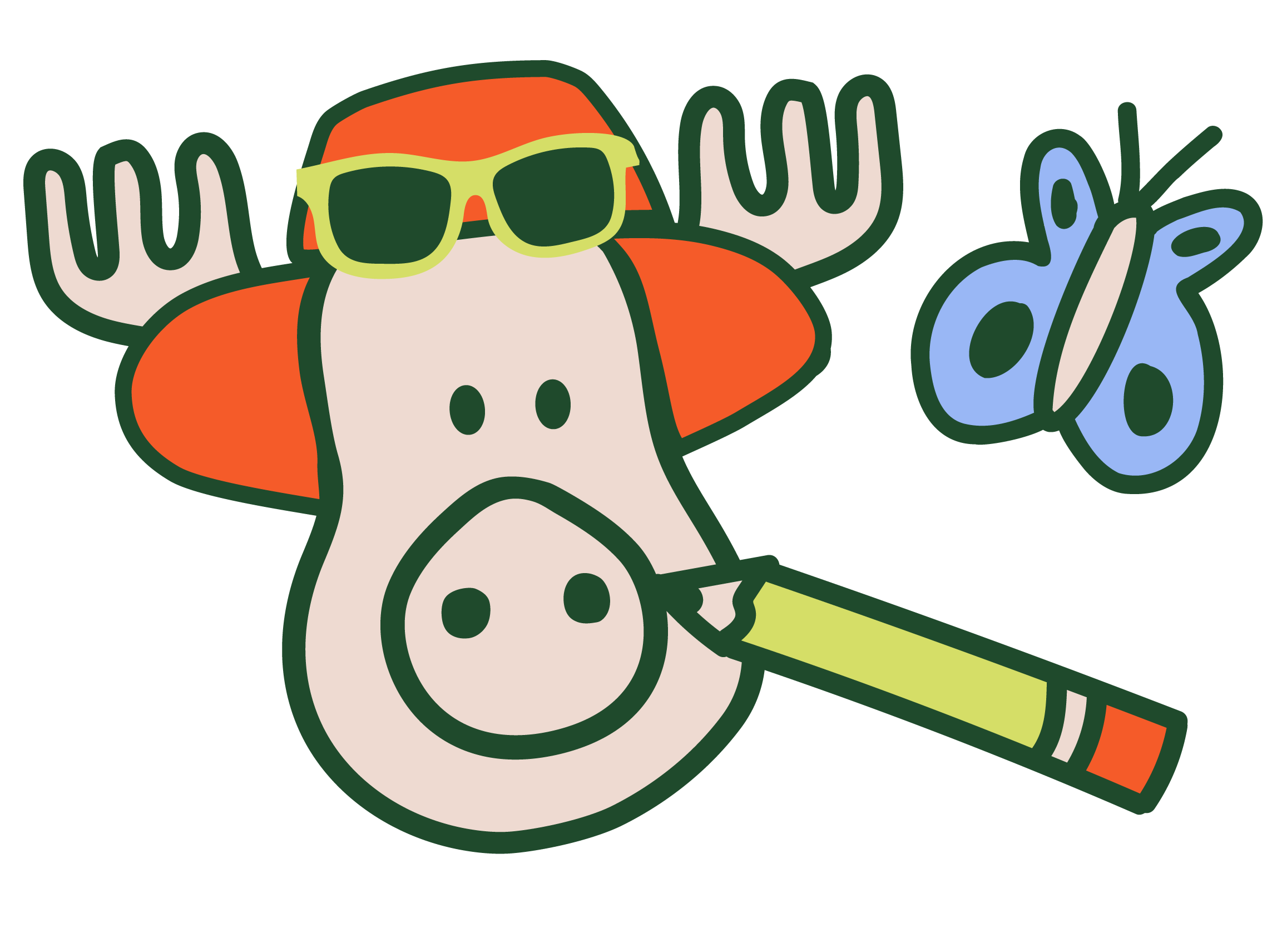 Cartoon moose with sunglasses, a butterfly, and a pencil on a white background